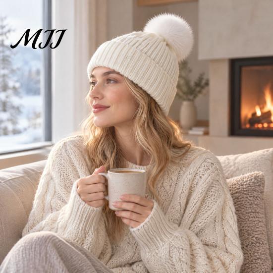 Warm Knitted Hats Winter Hat with Fluffy Fur Ball, Thick Cuffed Cap, Elastic Soft Outdoor Travel Headgear Stretchy Fabric Solid Color for And