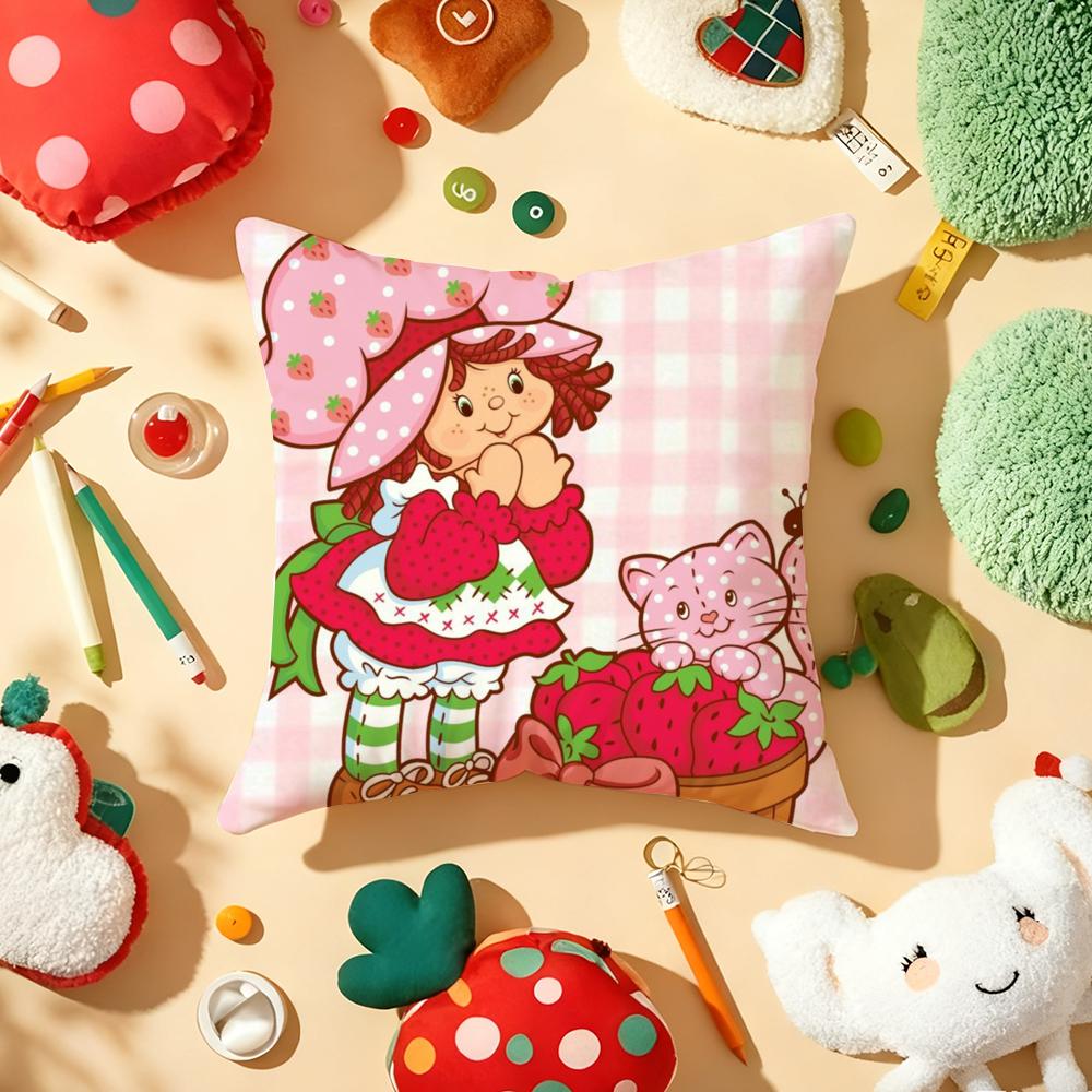 Strawberry S-Shortcake Girl Cushion Cover Plush Fabric Soft Double-Sided Printed Sofa Warm Winter Home Gift Pillow Cover