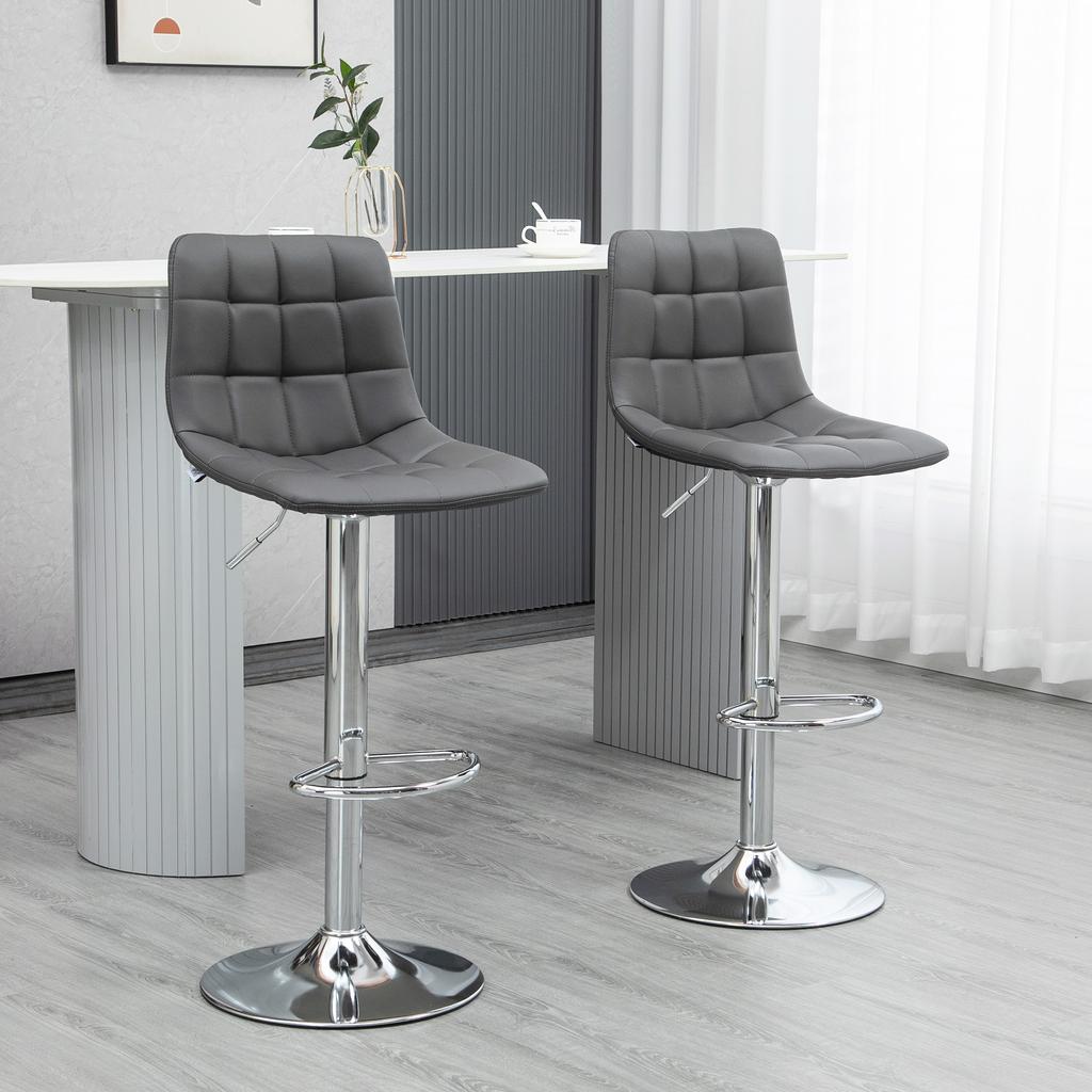 Set of 2 Swivel Bar Stools in Faux Leather with Backrest and Footrest, 42x45x89-110cm, Grey