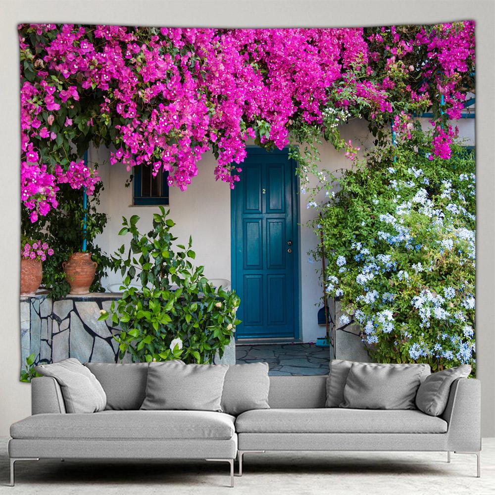 Griechenland Stadt Hippie Wandteppich Frühlingsblumen Straße Wandteppich Haus Hof Terrasse Wandbehang Kunst Wohnzimmer Wandmalerei Wandteppich