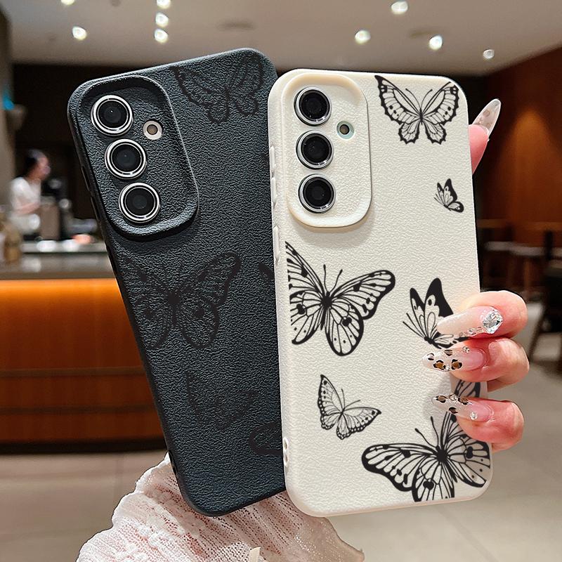 Leather Texture Butterfly Printed Case For Samsung Galaxy S24 FE S25 S23 S22 Ultra A16 A55 A15 A54 A35 A25 A56 5G Soft TPU Cover