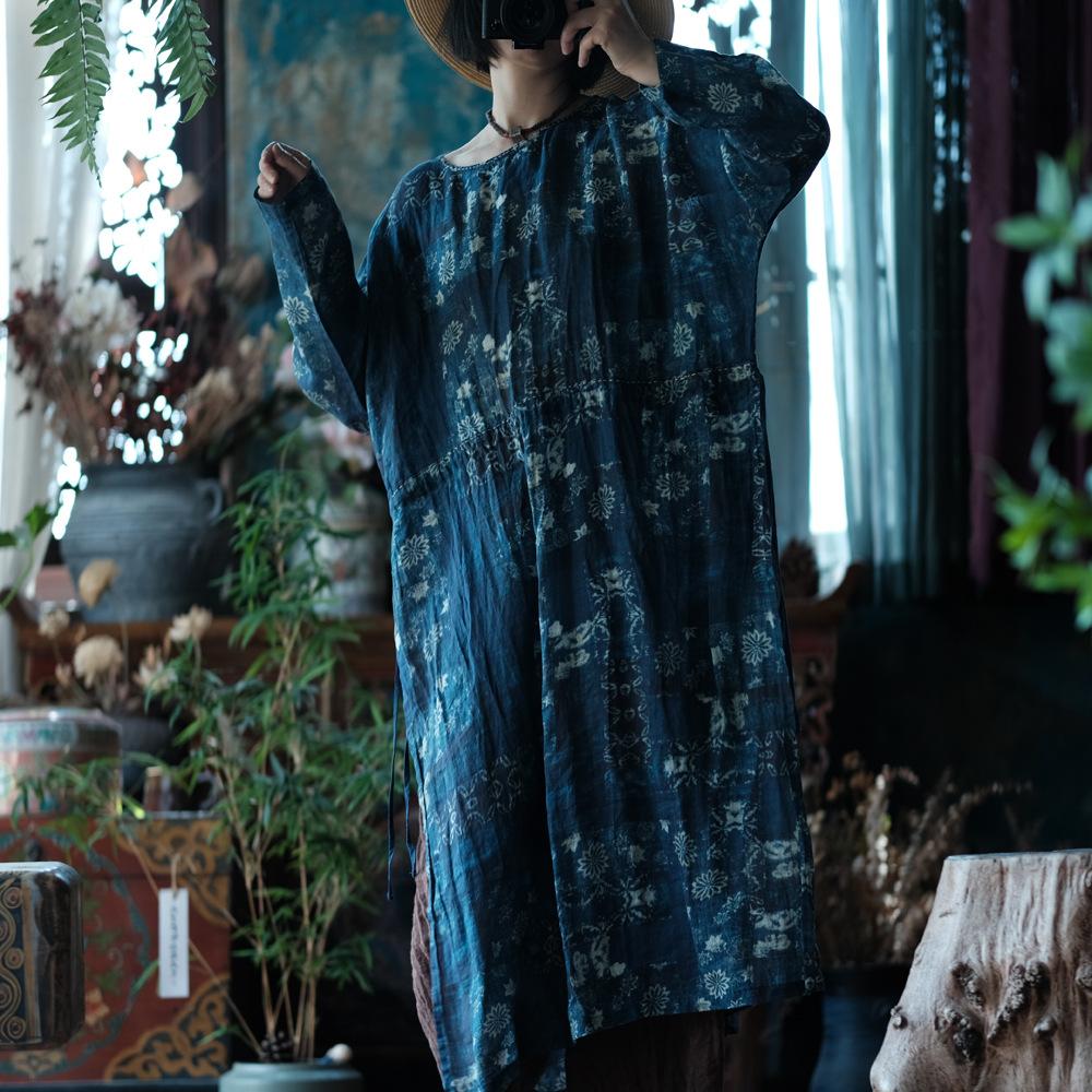 

Johnature Жіночі вінтажні сукні з квітковим принтом, з круглим вирізом, з довгим рукавом, осінні, високої якості, жіноча вільна сукня One Size синій