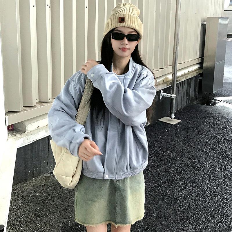 New Retro Short Lapel Coat Women's Autumn and Winter Loose Baseball Jacket Top