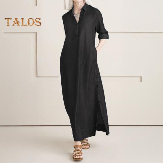 Dame Denim Maxi Kjole Casual Opprullede Ermer Splittkjole med Lommer Pluss Størrelse Knappelukking Revers V-hals Lang Kjole