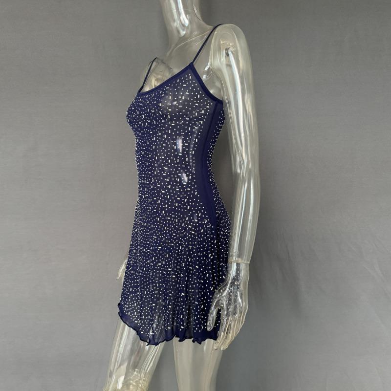 Party Rhinestone Semi Transparent Suspender Short Dress