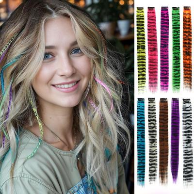 Stripe Printed Hair Colorful Long Straight Hair Pieces Synthetic Clip-in Hair Extensions Synthetic Straight Hair Wig for Daily Use Party