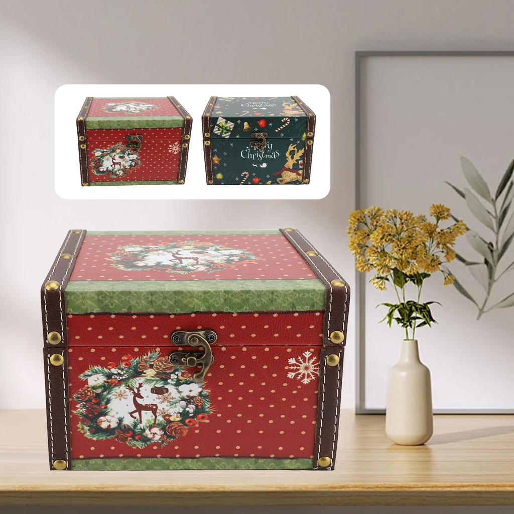 Wooden Trinket Box Vintage PU Leather Christmas Gift Box Jewelry Keepsake Storage Box for Kids Chris