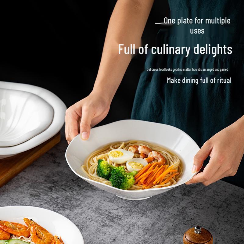 קערת עצם סין עמוקה לבנה אלגנטית: קערת מרק/אטריות/פירות ים למלון ומסעדה - עיצוב לא סדיר ויצירתי