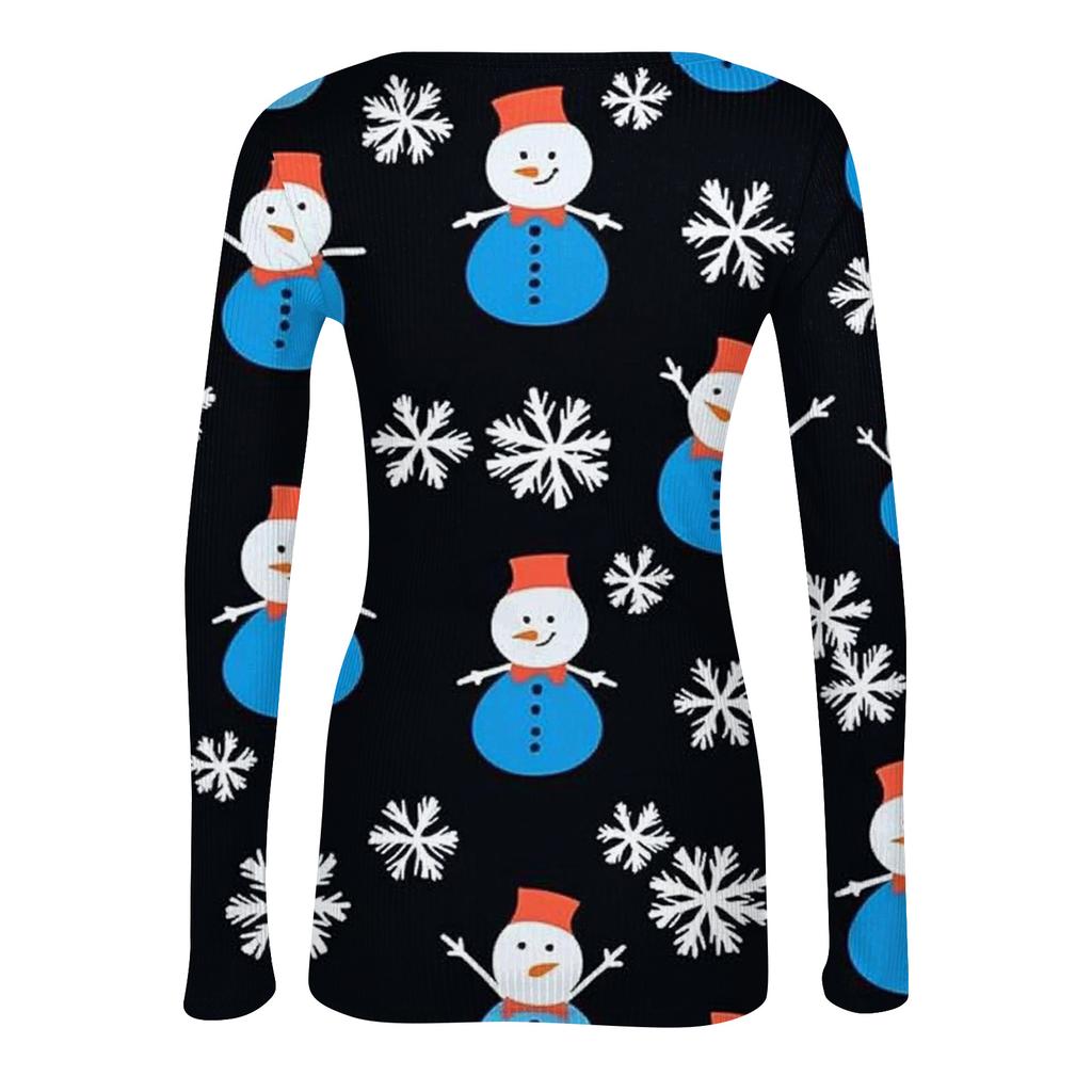 Women's Fashion Slim-Fit Round Neck Base Layer T-Shirt Christmas Print Long-Sleeved Top