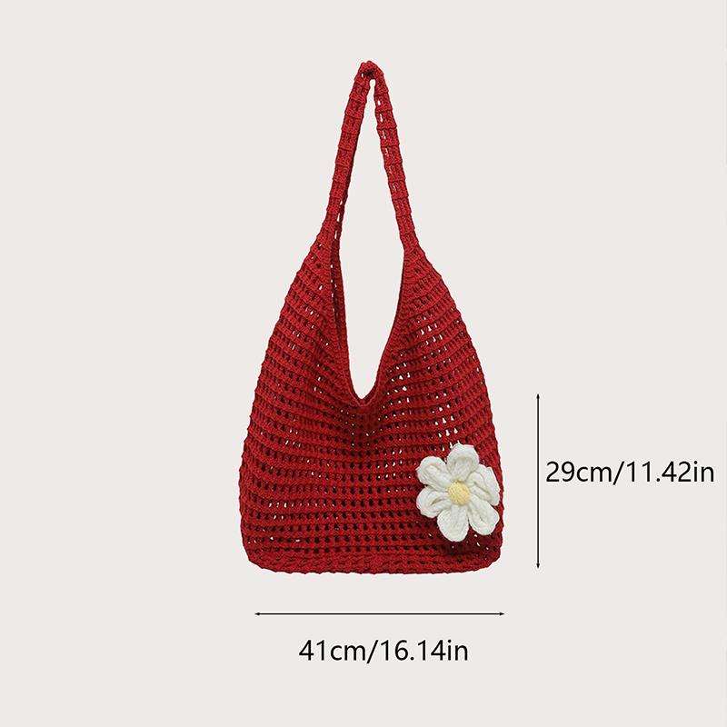 Solid Color Knitting Shoulder Bag Flower Large Capacity Bohemian Crochet Tote Bag Hollow Out Versatile Casual Woven Handbag