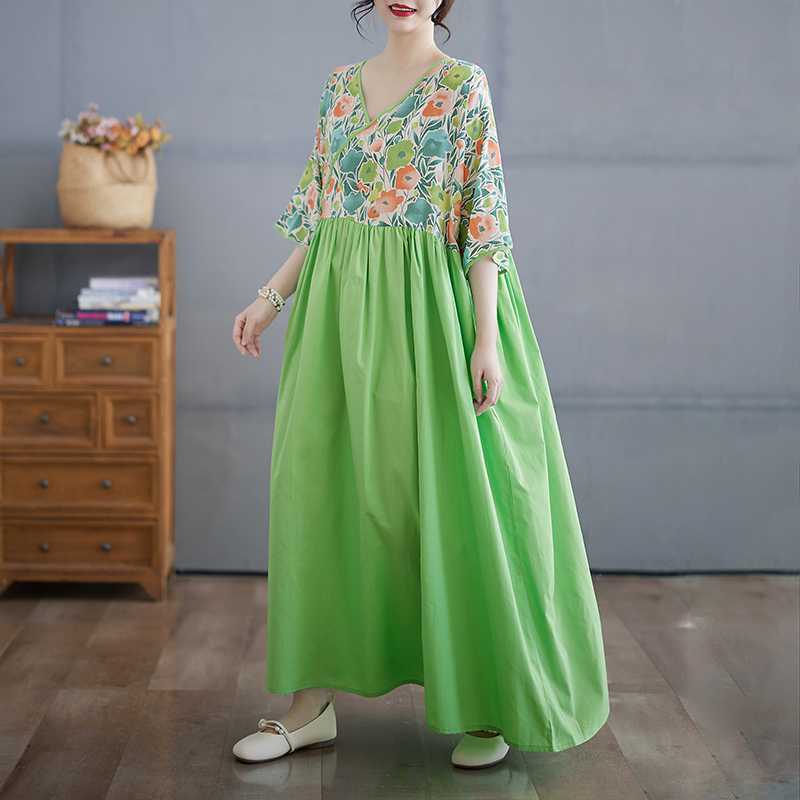 Cotton and Linen Summer Patchwork Retro Style Dress Long Skirt