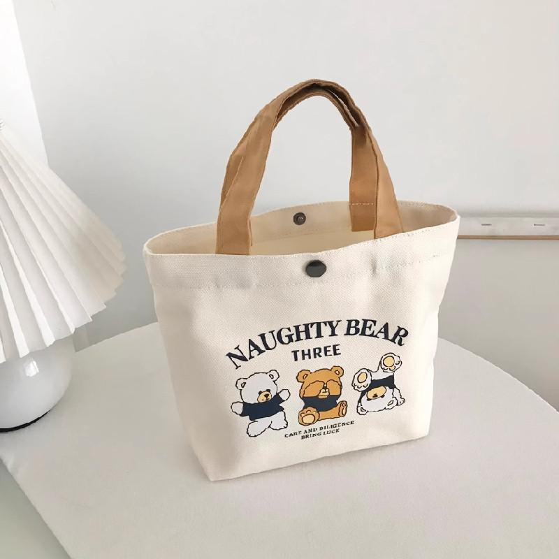 Cute Letters And Cartoon Bear Print Casual Hand Held Canvas Bag For Daily