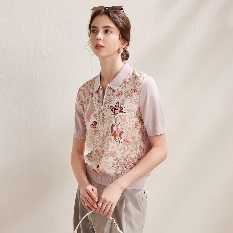 Zhaojun Women's Floral Print Mulberry Silk Polo T-shirt