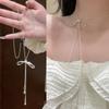 Silver long pull bow fringed necklace women's new trendy temperament versatile design sense collarbone chain