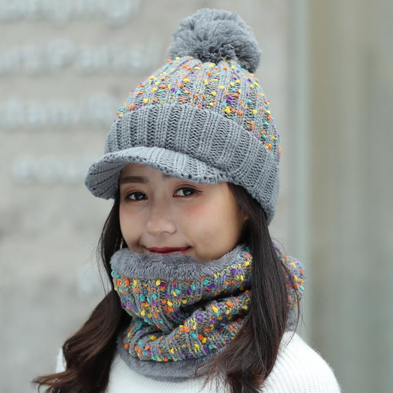 Autumn and winter women's hats trendy velvet thickened warm hairball wool hat scarf knitted hat two-piece set