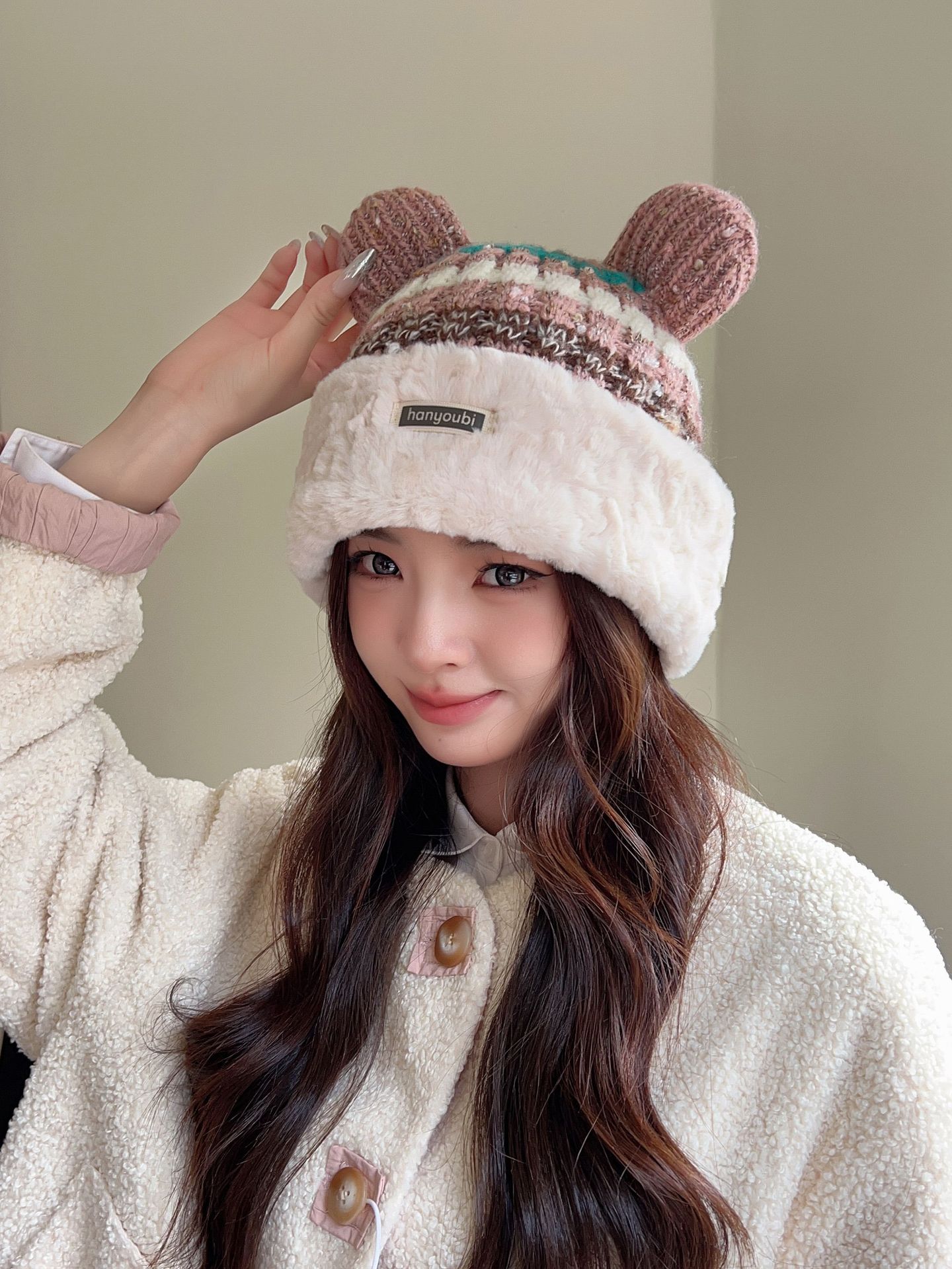 

Autumn and winter hat women s double-layer color matching Christmas gift cute bear ears knitted thickened warm ear protective wool hat M（56-58cm） бежевый