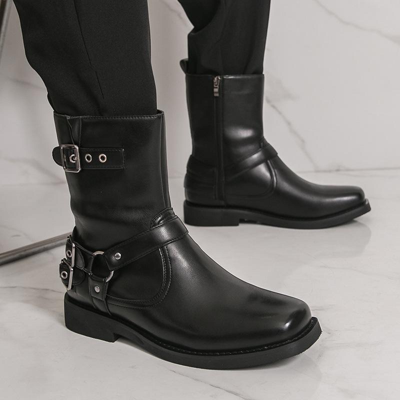 Men s High-Top Pointed Toe British Style Buckle Leather Boots 44