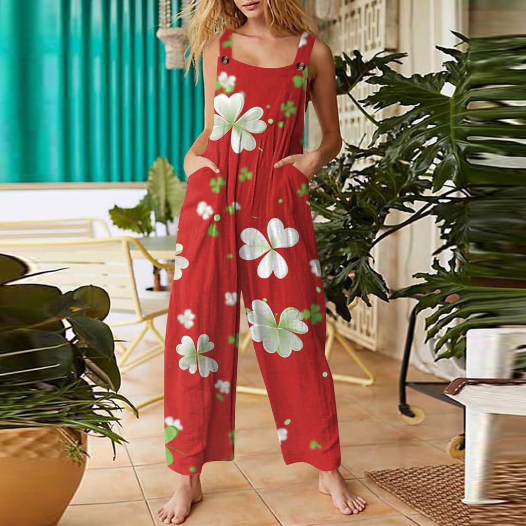 Women's Casual Jumpsuit Sleeveless St. Patrick's Day Printed Cotton Jumpsuit