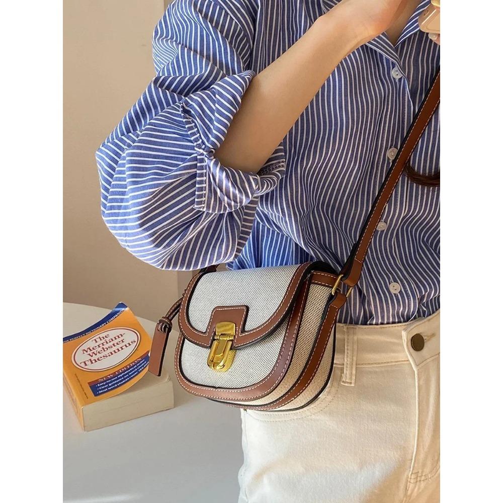 2024 New Small Style Contrast Panel Canvas Retro One Shoulder Crossbody Saddle Bag Handbags