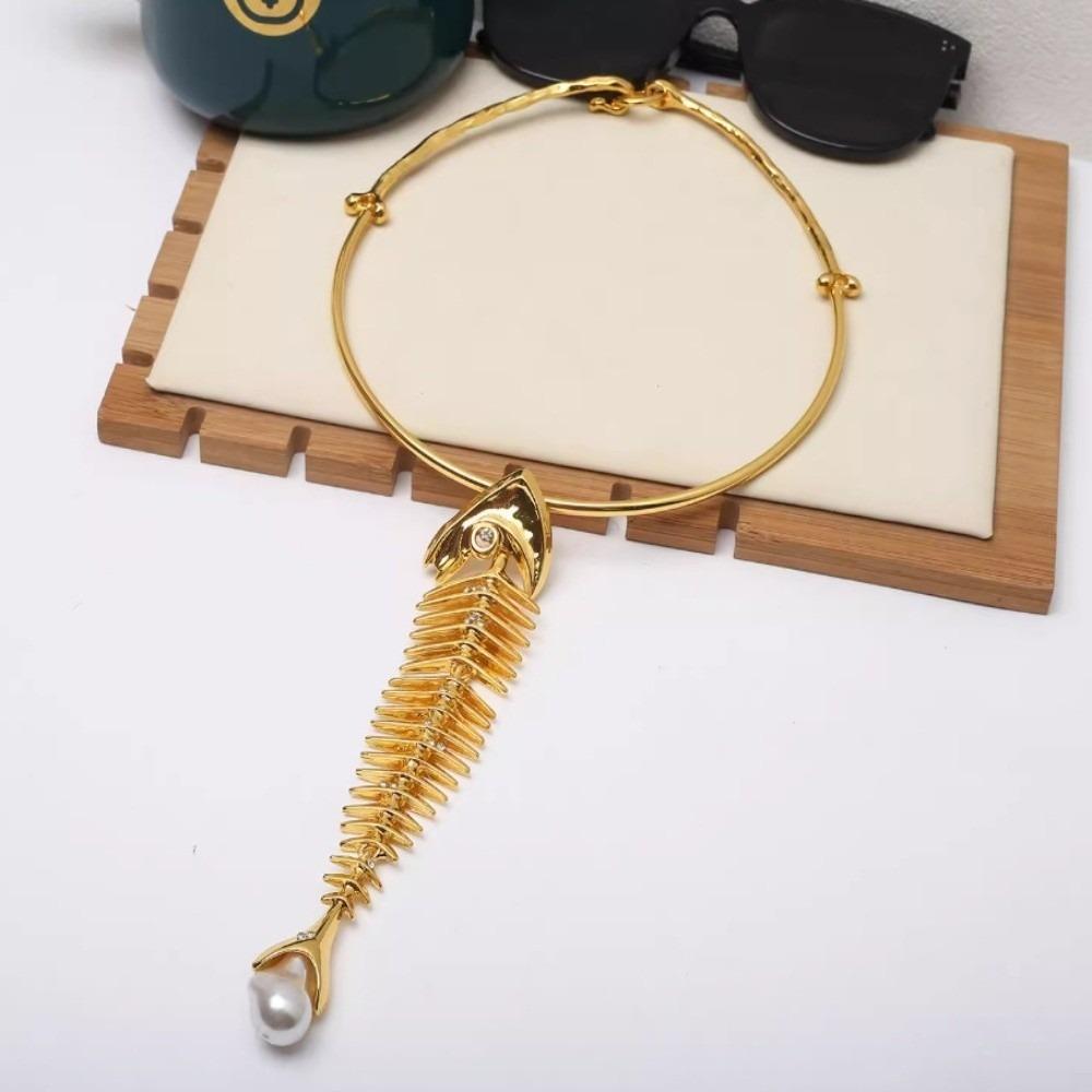 Цинк Сплав Цинка Модное Преувеличенное Ожерелье Новинка Дизайн Рыбья Кость Цепочка на Шею Подарок золотой