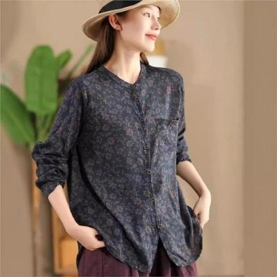 Vintage Floral Print Chinese Style Shirt Loose Long Sleeves Single Breasted Autumn Fashion Women Blouse