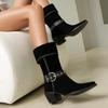 Krazing Po Flock Winter Pointed Toe Size 33 Western Boots Size 43 Metal Buckle Thick Heels Mid-calf Boots