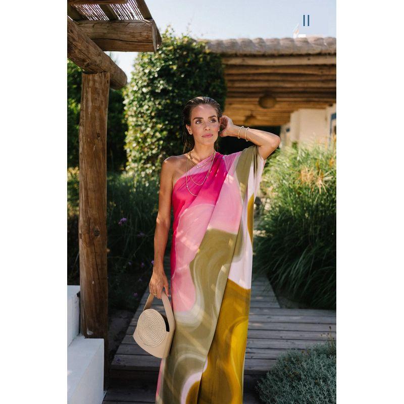 

European and American Summer New Sloping Shoulder Backless One Shoulder Print Loose Dress Women Printed Loose Dress Picture color M