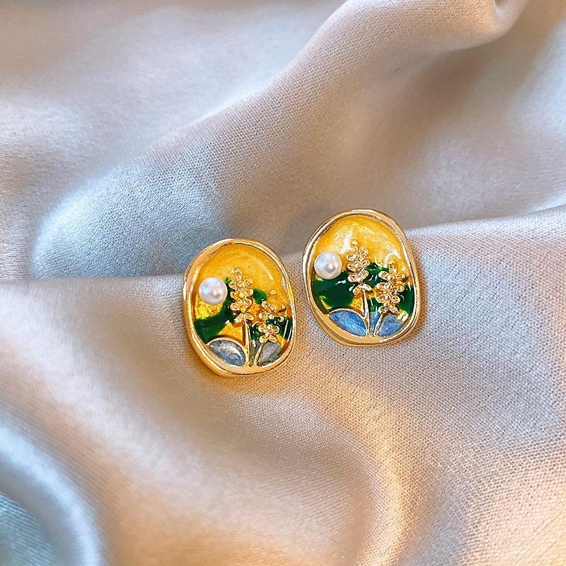 Monet garden oil painting style love flower pearl earrings fashion temperament stud earrings French sweet small fresh earrings
