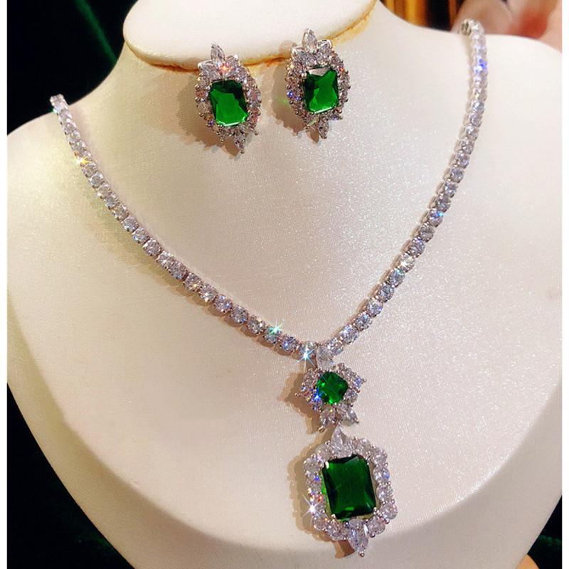 Women's Jewelry Set S925 Created Emerald Gemstone Earrings Sparkling Necklace Classic High Jewelry Mother's Day