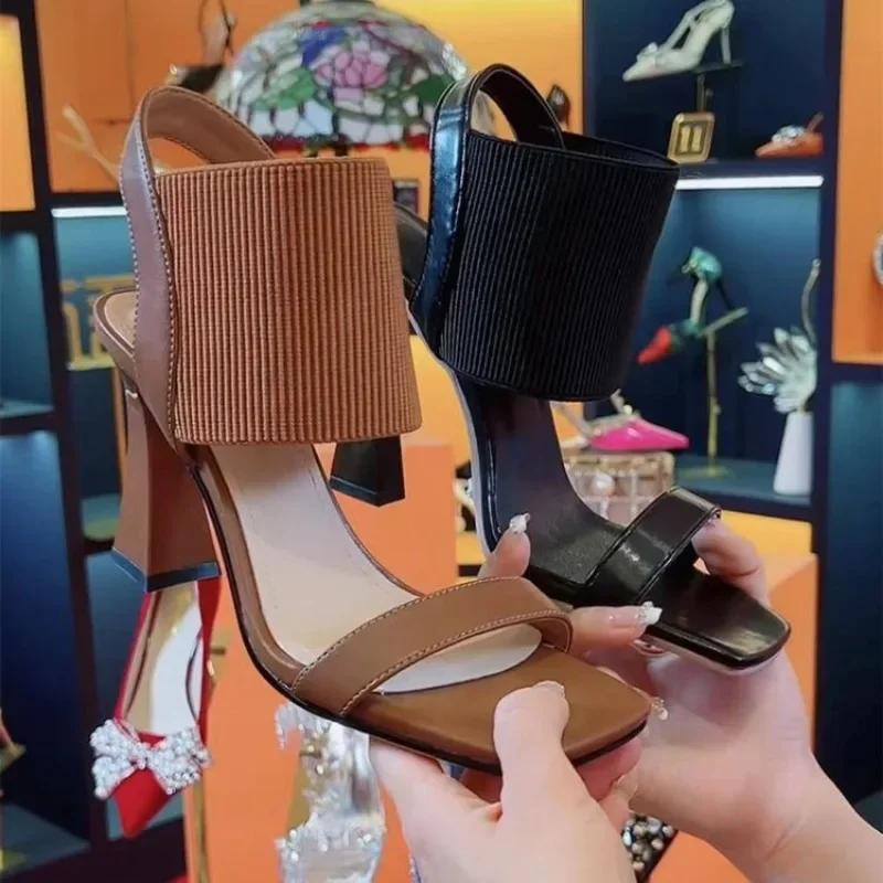 Fashion Sandals Women 2024 Summer New Casual Pure Black Elastic Band Super High Heel Square Head Thick Heel Back Hollow Women's Sandals