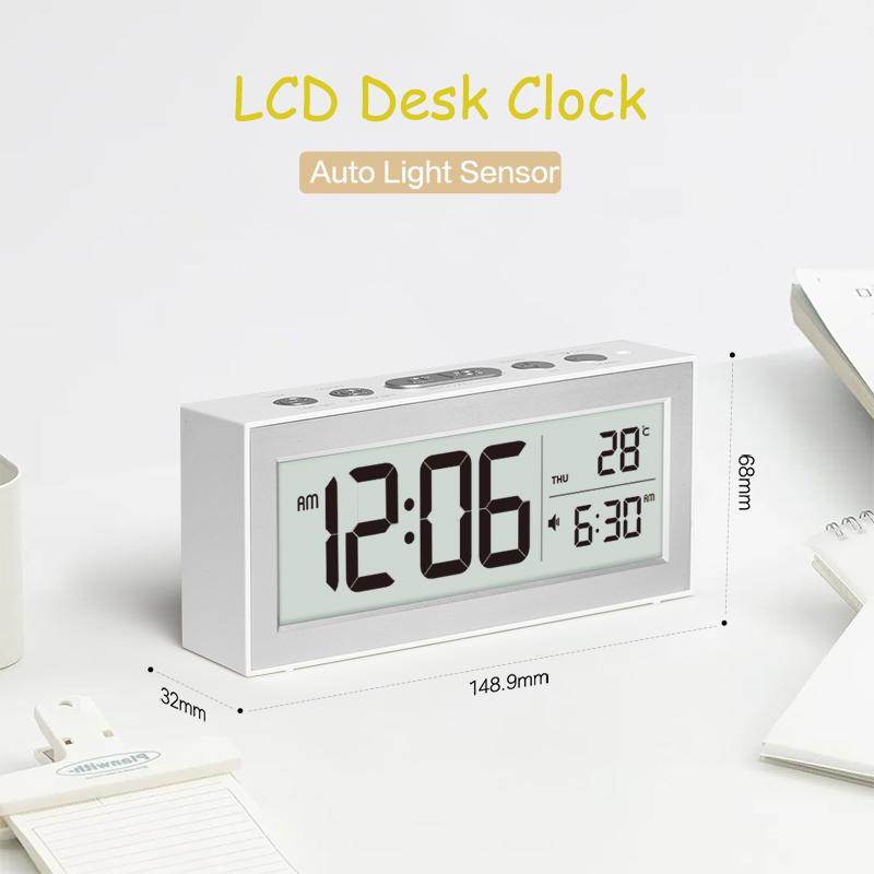 Digital Desk Clock LCD Retro Alarm Clock for Bedrooms Travel Temperature Display Backlight Calendar Battery Operated