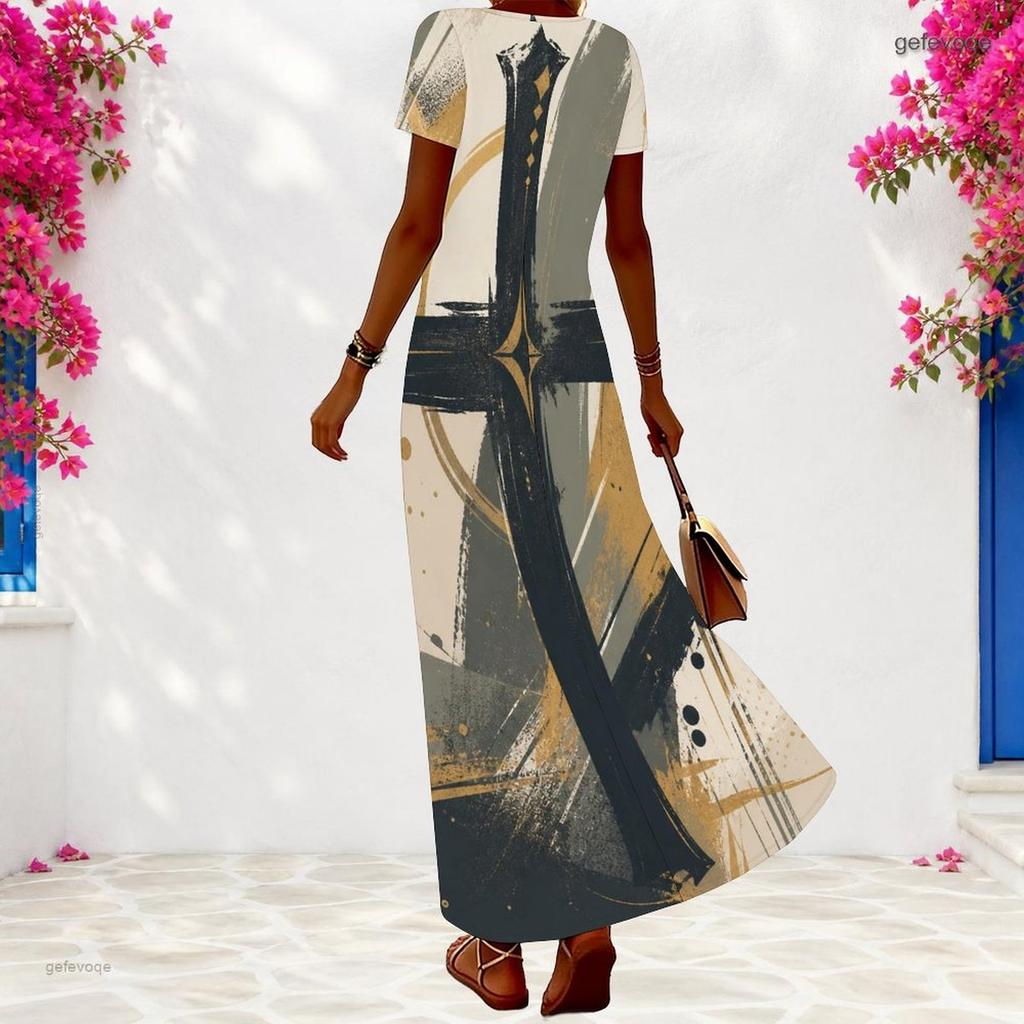 Women Plus Size V Neck Short Sleeve Star Swirl Printed Long Dress Red Blue White