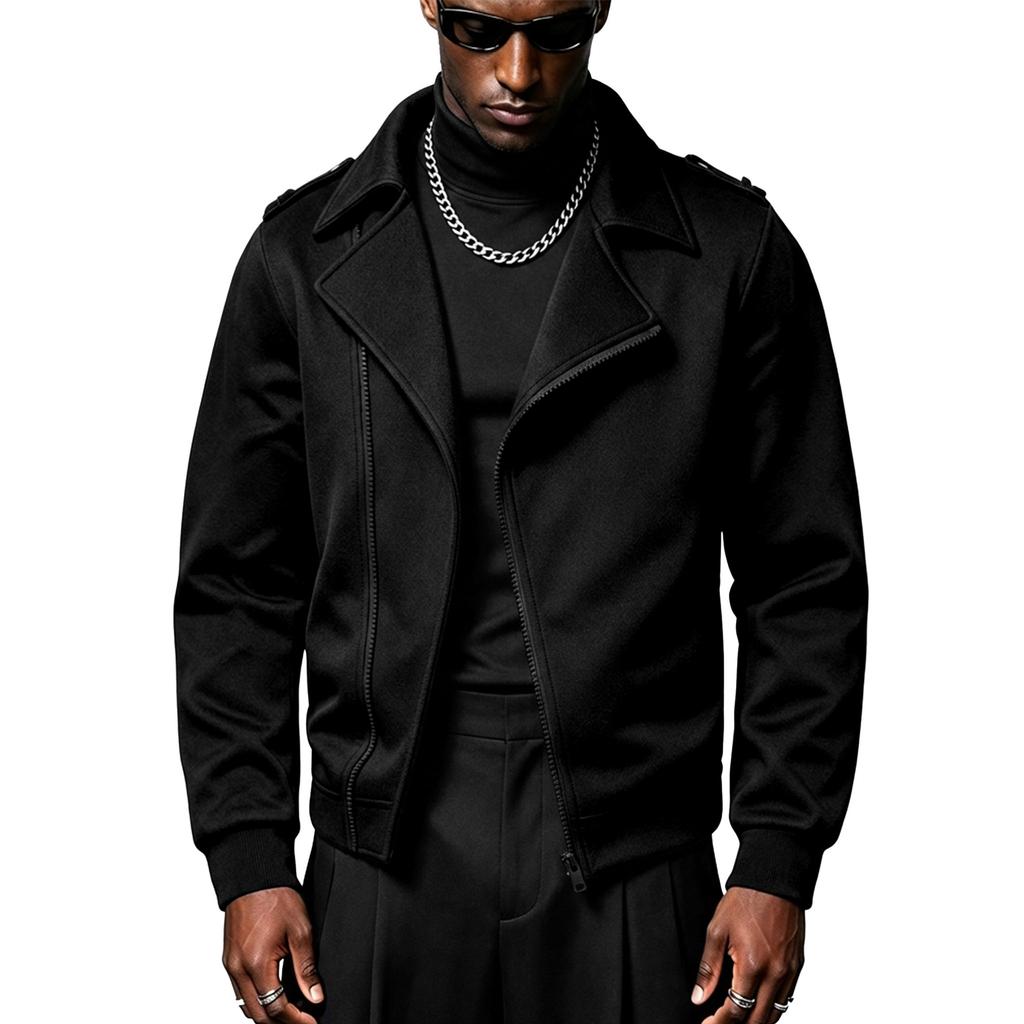 Mens Lapel Collar Motorcycle Jacket, Asymmetric Zipper Long Sleeve Casual Outerwear for Daily Wear