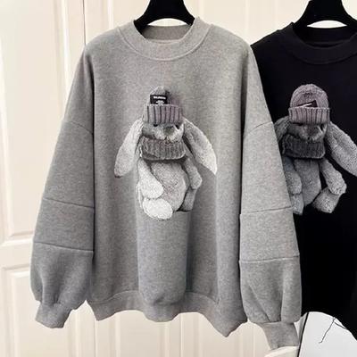 Women's Winter Lined Padded Thickened Printed Pattern Pullover Plus Size Round Neck Warm Long Sleeve Sweatshirt