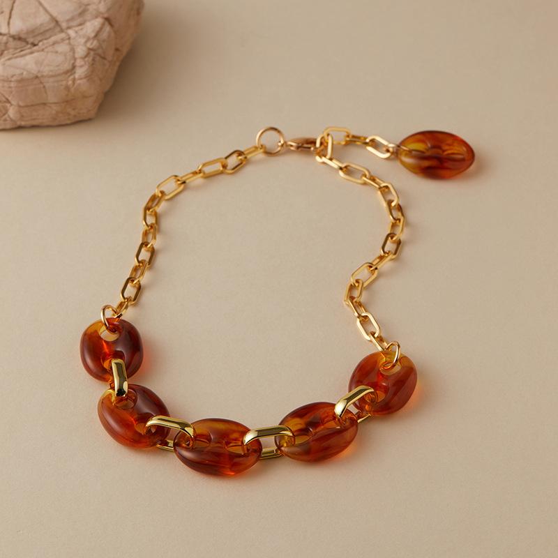 Gold Plated Tortoise Resin Paperclip Mixed Link Choker Necklace