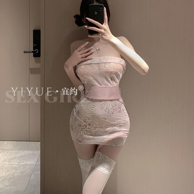 Sexy Pure Desire Embroidered Strapless Ancient-style Kimono, Hip-hugging Romantic Underwear Uniform Seductive Pajama Set 1116