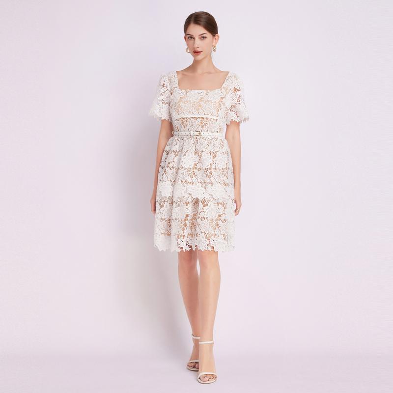 Summer Women Square Collar Elegant White Water Soluble Lace Crochet Flower Embroidery Party Dresses With Belt