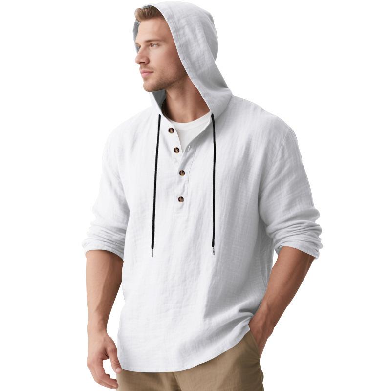 Men S Linen Blend Long Sleeve Hooded Loose Fit Henley Casual Beach Shirt S
