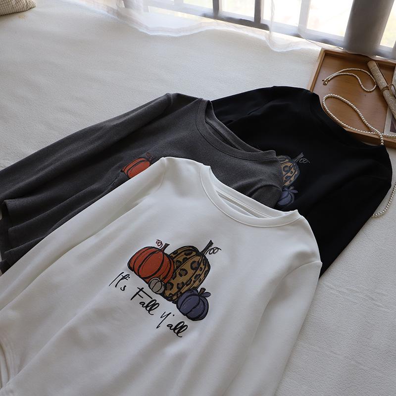 

[Bi Zheng] Women s 2024 Winter Korean Pumpkin Print Slimming T-Shirt Base Layer One Size сірий колір