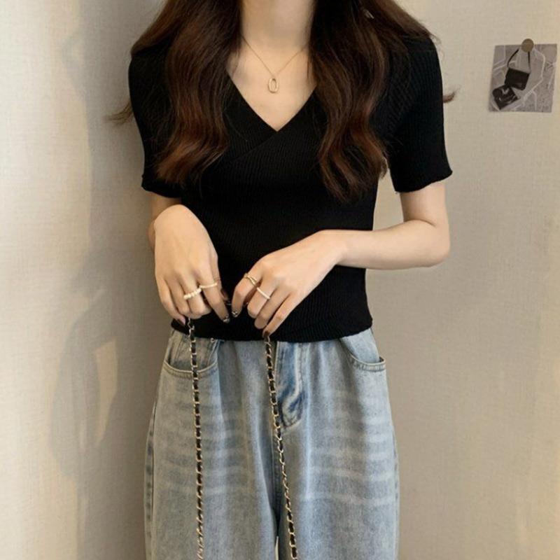 Sommer Unregelmäßigen Kreuz V-ausschnitt Kurzarm Strick Pullover Mädchen Mode Elegante Dünne Top