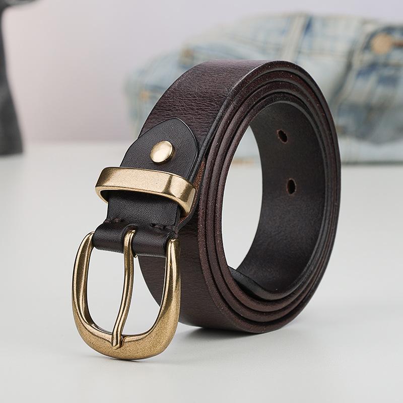 Copper Buckle Belt Women'S Style Retro Pure First Layer Cowhide Simple Korean Jeans Belt Genuine Leather Black