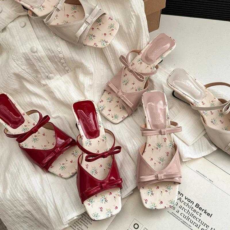 Fashion New arrival summer mid-heeled slippers square toe open toe shallow mouth women's pink bow wedge sandals one-step shoes
