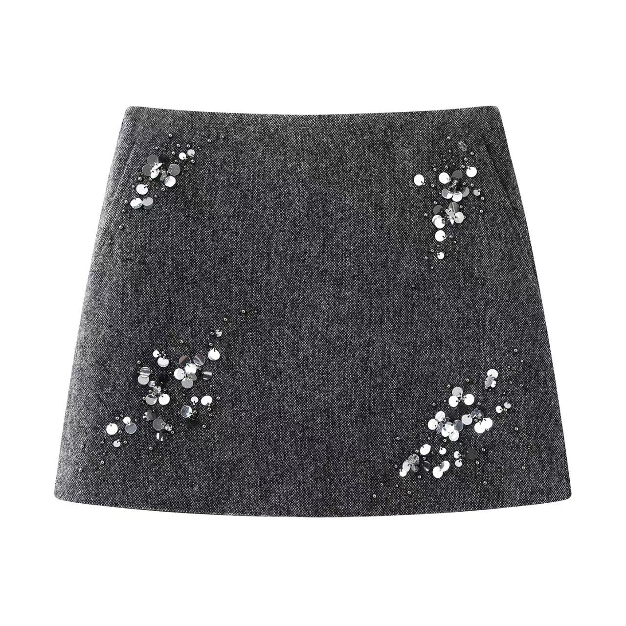 In Stock 2025 Winter Sweet Style Sequin Embroidered A-Line Mini Skirt AR354109 XL темно-серого