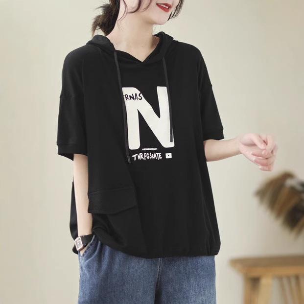 

2025 Summer Women s Plus Size Hooded Letter Print Short Sleeve T-shirt - Versatile, Casual, Loose-Fit Top One Size