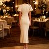 Dames Pofmouw Formele Midi Jurk Elegante Ronde Hals Getailleerd Stretchy Zakelijke Cocktail Potloodjurk Voor Werkfeest