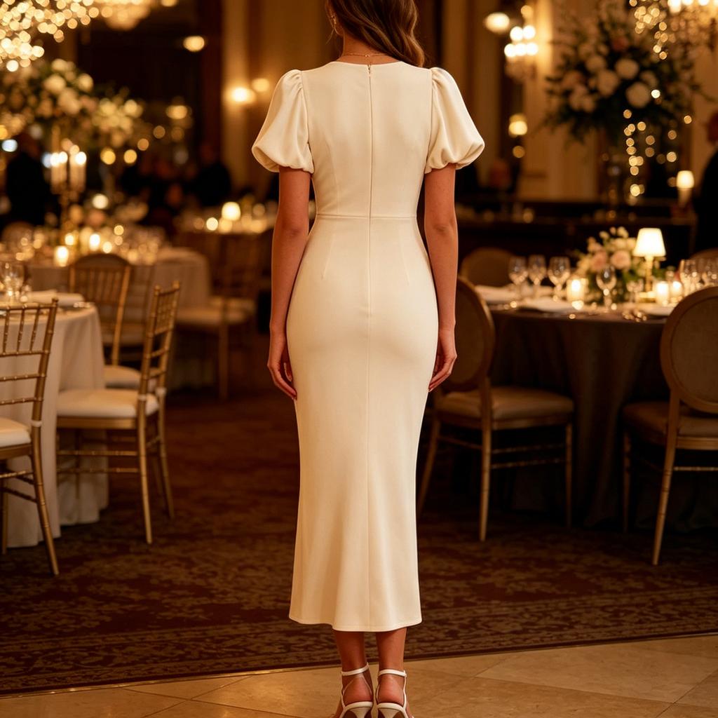 Dames Pofmouw Formele Midi Jurk Elegante Ronde Hals Getailleerd Stretchy Zakelijke Cocktail Potloodjurk Voor Werkfeest