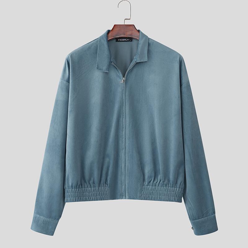 INCERUN Men Lapel Neck Long Sleeve Zip-up Suede Oversized Jackets Coats