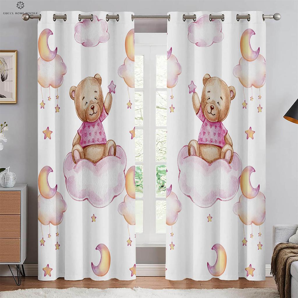 Kreslené závěsy s potiskem medvídka do dětského pokoje, dekorativní závěsy vhodné do ložnice, obývacího pokoje, okna v pracovně, 2 ks