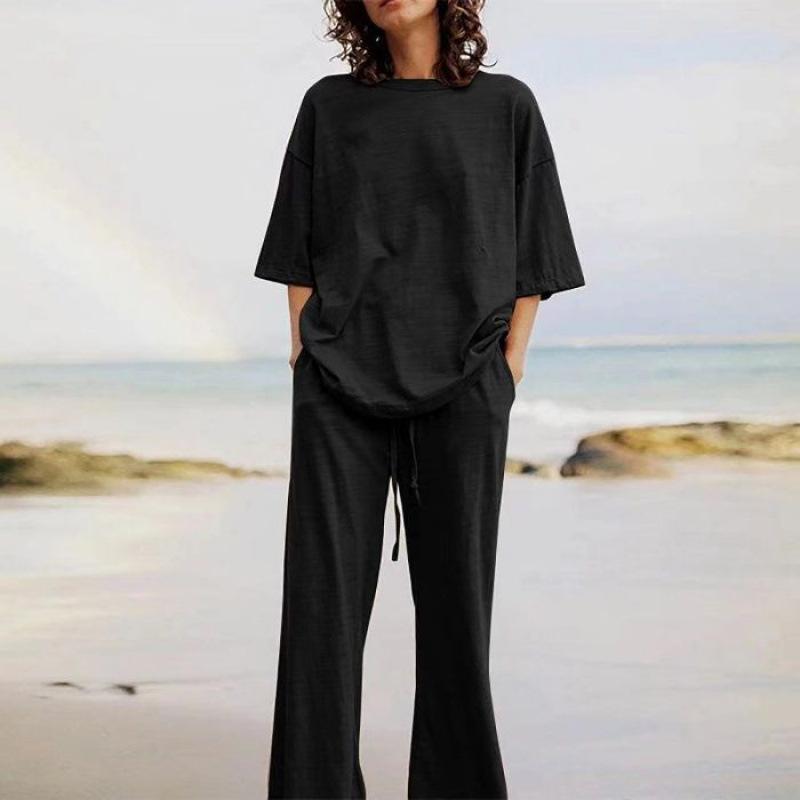 Women's 2-piece Summer Temshiyin Casual Belt Pocket Half-sleeved Top and Wide-leg Pants Set for Women