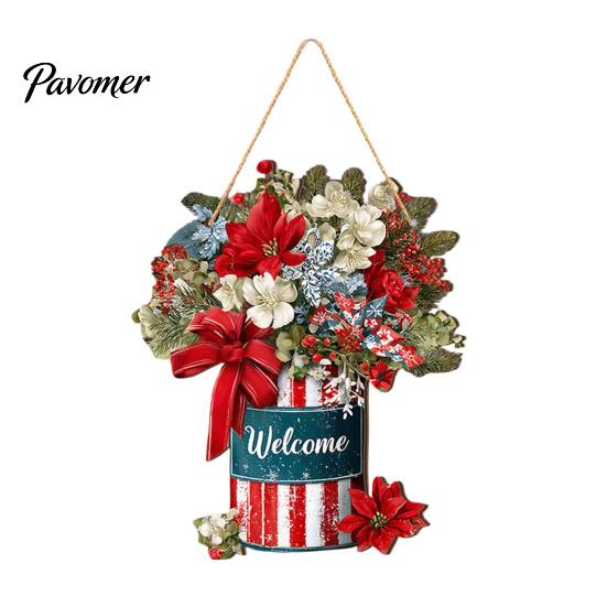 Christmas Door Hanging Sign Welcome for Front Door, Rustic Wooden Ornament, Festival Theme Wall Decoration Decor with Lanyard Holiday Home Window